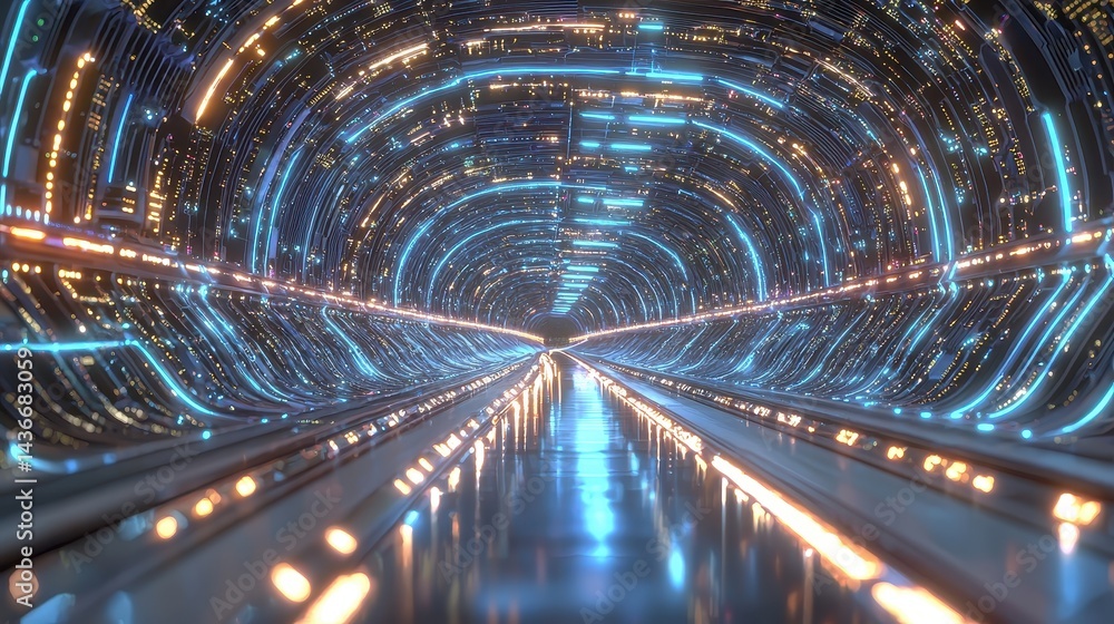 Poster futuristic neon tunnel glowing lines reflective surface abstract scifi corridor digital art virtual 