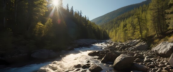 Rapidly flowing river cutting through rocky terrain in vibrant forest valley beneath sun drenched blue sky
