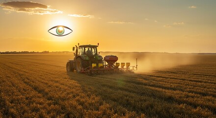 Fototapeta premium Tractor Plowing Field at Sunset Agriculture in Action