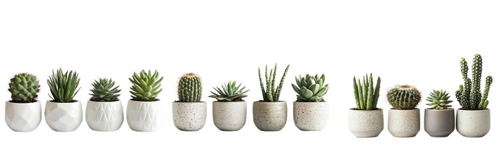 A set of mixed cactus and succulents types in modern ceramic Nordic vase pots on minimalist white background isolated on a transparent background