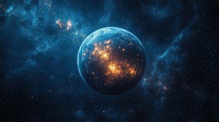 Obraz premium A planet with glowing lights in a dark blue nebula space background.