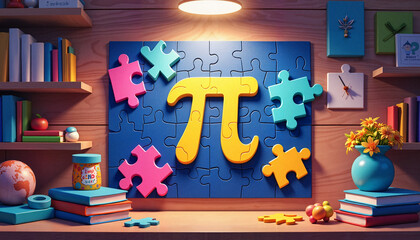 Colorful Pi Day puzzle in children's playroom, joyful learning celebration