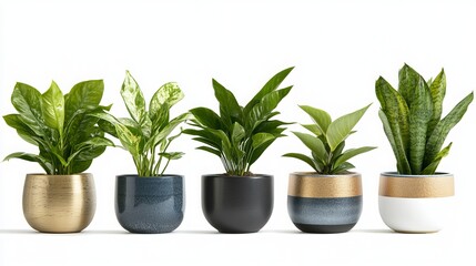 Obraz premium A collection of five stylish potted plants. Black, white, gold, and blue pots hold green leafy plants. These decorative indoor plants are isolated on a white background