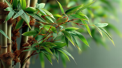 Closeup Of Lush Green Bamboo Foliage With Reddish Stems