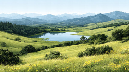Naklejka premium Pixelated Meadow Landscape With Lake And Hills