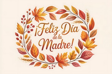 Watercolor autumnal wreath design with a 'Feliz Dia de la Madre' message