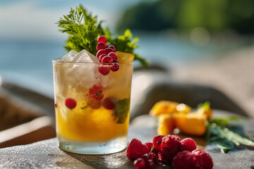 Refreshing summer cocktail featuring fresh berries and herbs at a beachside setting during golden hour