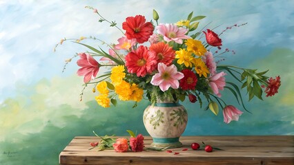 Colorful Easter still life with tulips and decorated eggs in a vase