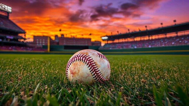 Baseball at sunset over stadium