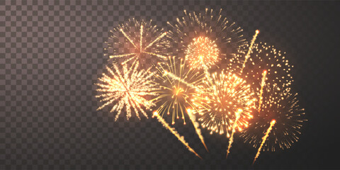 Firework Explosion with Shining Golden Sparks and Bright Lights on Transparent Background, Perfect for Celebration, New Year, Holiday Party, Luxury Event or Festival Designs. Vector Illustration