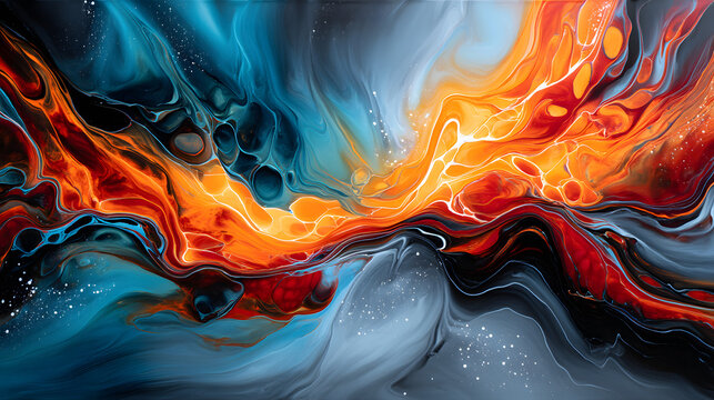 An abstract explosion of oil and watercolor paints, where swirling reds, oranges, and blues create a fiery and energetic design that flows across the canvas.