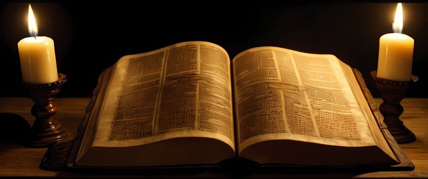 Open old Bible page with archaic text illuminated by flickering candles on richly carved wooden stand
