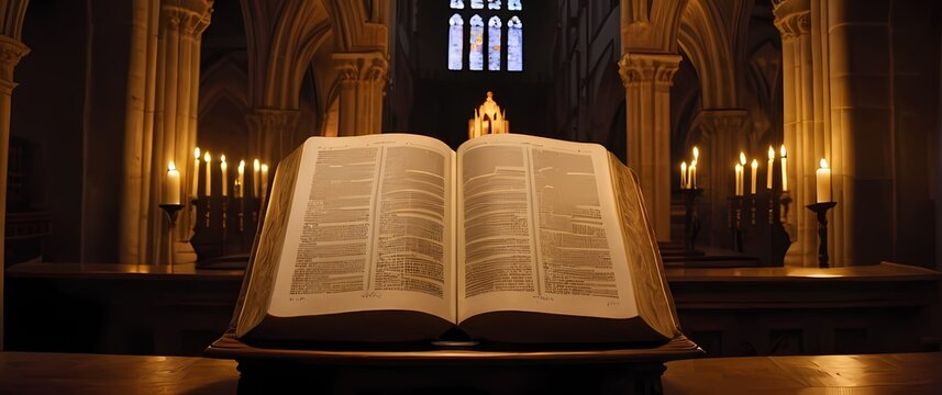 Open old Bible on carved wooden lectern with soft candlelight flickering amid richly detailed cathedral interior