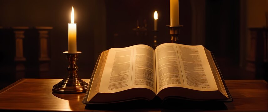 Open Bible with transparent bookmark resting on mahogany altar illuminated by warm candlelight ambiance