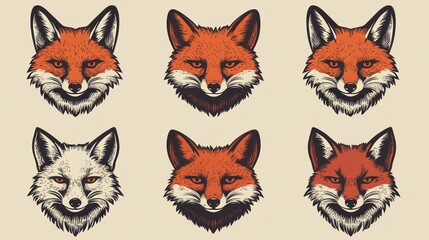 Fototapeta premium Six fox head illustrations, vintage style, wildlife, nature, design element