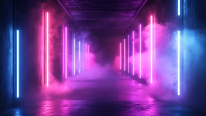 Fototapeta premium Neon Lights Tunnel: Futuristic Cyberpunk Corridor with Pink and Blue Glowing Tubes