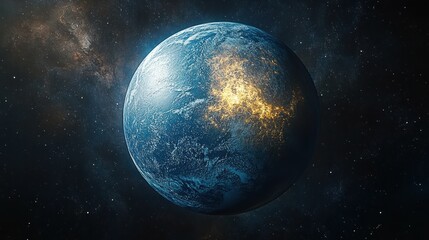 Obraz premium Planet in space with blue oceans and landmasses with yellow lights visible.