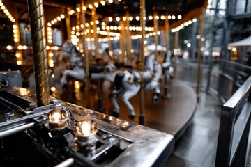 Obraz premium An artistic view of a beautifully decorated carousel with elegant horses, evoking a sense of wonder and nostalgia, perfect for capturing joyful memories.