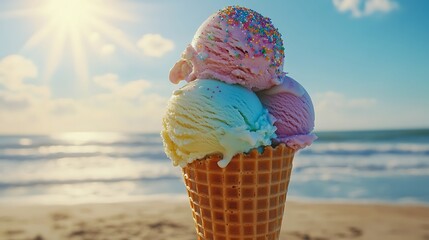 Colorful ice cream cone on a beach at sunset.