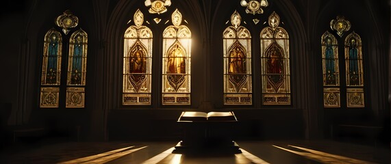 Fototapeta premium Open ancient scripture illuminated by golden sunrays passing through high gothic stained glass window