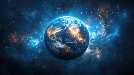 Obraz premium Earth globe surrounded by cosmic dust and nebula in deep outer space.