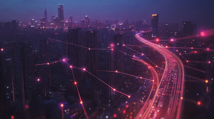 Naklejka premium Night lights, a city of modern business and smart digital innovation with a network of interconnected rewards over the cityscape of the future smart wireless digital city and social media network that