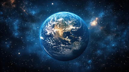 Fototapeta premium Earth globe view from space with stars and nebulae background.