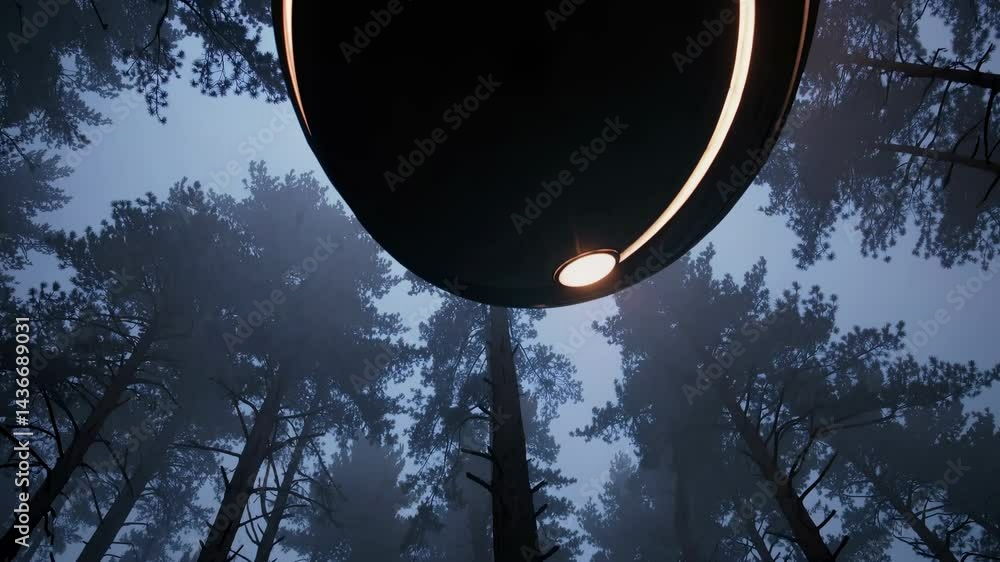 Poster a mysterious video scene from a low-angle view of tall trees with a glowing ufo above, creating a ci