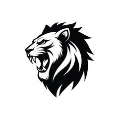 A roaring lion head, drawn in clean vector art style, bold black and white lines, sharp details, fierce and powerful expression, professional logo design, white background
