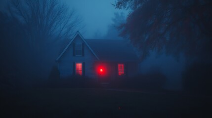 A red light glows dimly through the fog on a dark night.
 