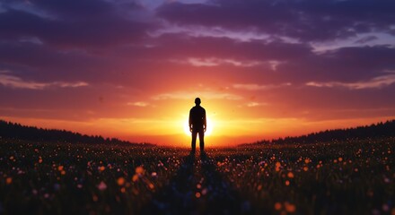 Fototapeta premium Person Standing in Field at Sunset with Colorful Sky