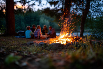 Friends sharing stories around a warm campfire at dusk by a tranquil lake in the woods