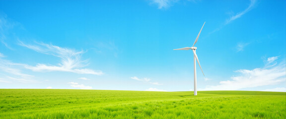 Obraz premium Wind turbine soaring in green field under blue sky, sustainable energy