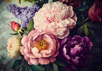 beautiful fantasy vintage wallpaper botanical flower bunch,vintage motif for floral print digital background.