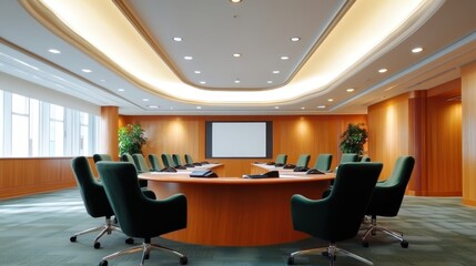 Fototapeta premium Modern boardroom interior design sleek wooden table plush green chairs recessed lighting large screen wood paneling and expansive windows