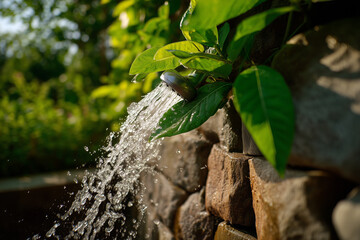 Flowing water cascades gently over green leaves in a serene garden setting bathed in the warm glow of afternoon light