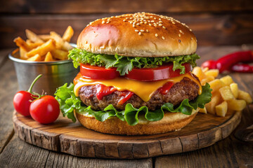 Juicy Cheeseburger with Lettuce, Tomato, and Fries on Wooden Plate