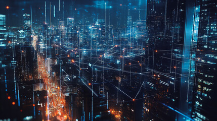 Fototapeta premium Night lights, a city of modern business and smart digital innovation with a network of interconnected rewards over the cityscape of the future smart wireless digital city and social media network that