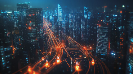 Obraz premium Night lights, a city of modern business and smart digital innovation with a network of interconnected rewards over the cityscape of the future smart wireless digital city and social media network that