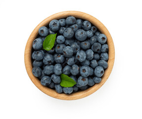 Bowl with fresh blueberries isolated on white,top view