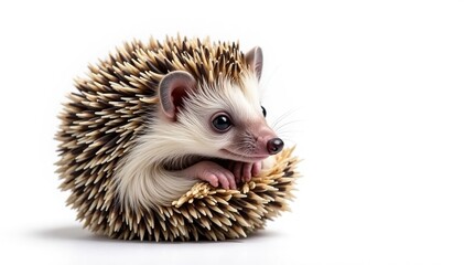 Obraz premium Tiny hedgehog curled in a ball, isolated on pure white background, image, isolated