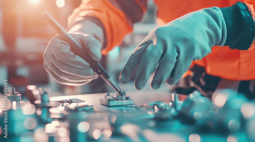 Poster precision manufacturing skilled worker assembling mechanical components with hand tool