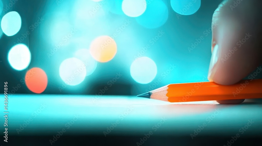 Poster closeup of a fingertip gently holding an orange writing implement on a pale surface bokeh background