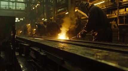 A welder uses a torch on metal in a factory.  The team welds metal joints, facing workplace hazards.  Eye safety is crucial in this dangerous heavy industry environment.
 
