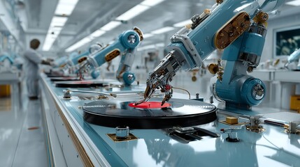 Robotic arm producing vinyl records on a futuristic production line with red lights and glass walls, high-tech manufacturing concept