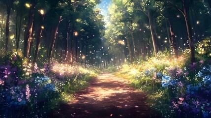 Obraz premium Enchanted Forest Pathway with Glowing Fireflies and Lush Flora