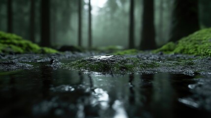 Fototapeta premium Misty forest creek reflecting the trees