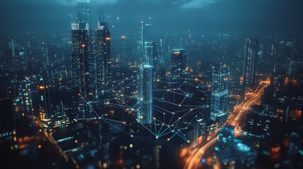 Night lights, a city of modern business and smart digital innovation with a network of interconnected rewards over the cityscape of the future smart wireless digital city and social media network that