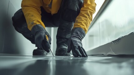 Obraz premium Worker Installing or Repairing Flooring