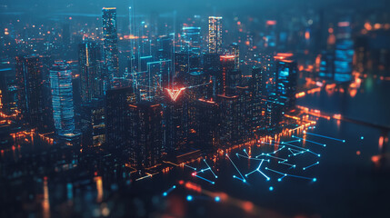 Obraz premium Night lights, a city of modern business and smart digital innovation with a network of interconnected rewards over the cityscape of the future smart wireless digital city and social media network that